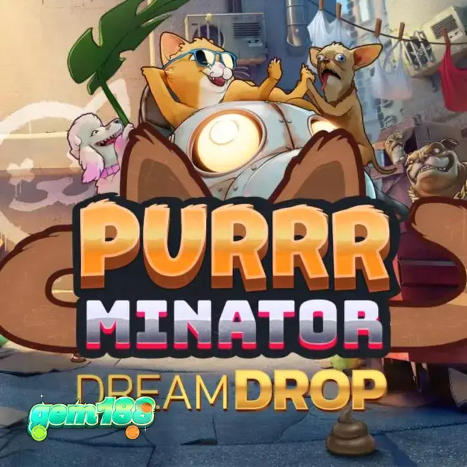 Pemandangan visual slot Purrrminator Dream Drop dengan latar belakang gang neon distopia.